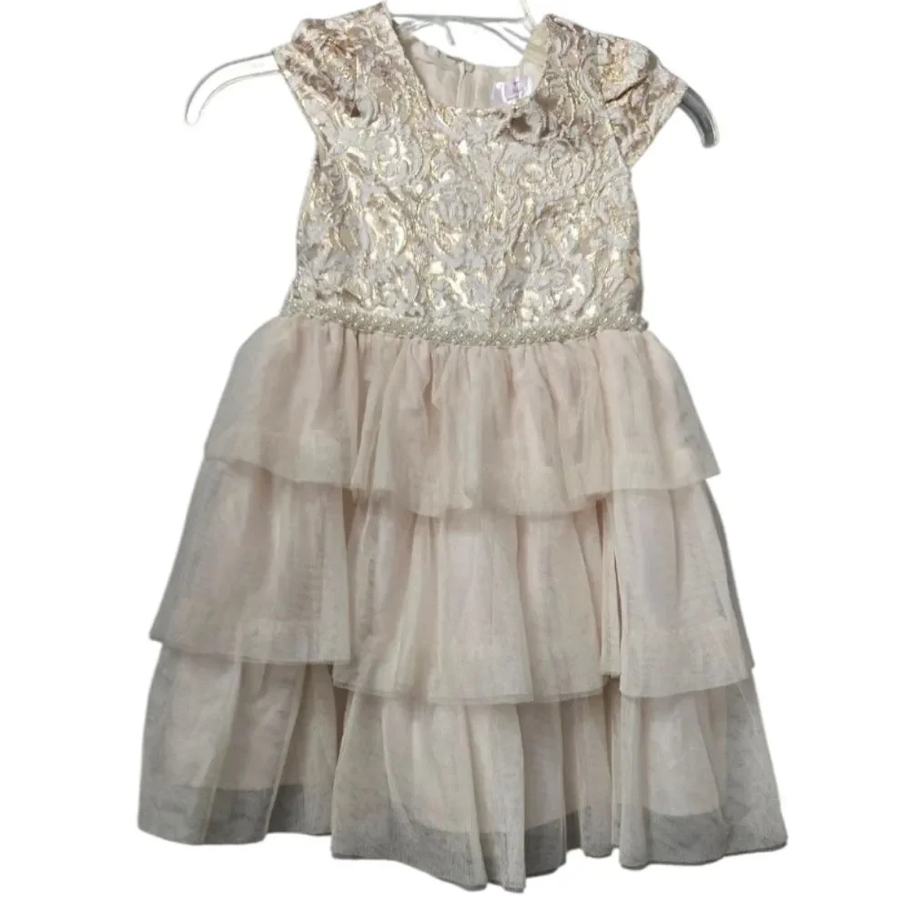 Biscotti Elegant Dress Gold Metallic Damask Flower Girl Formal Party Wedding